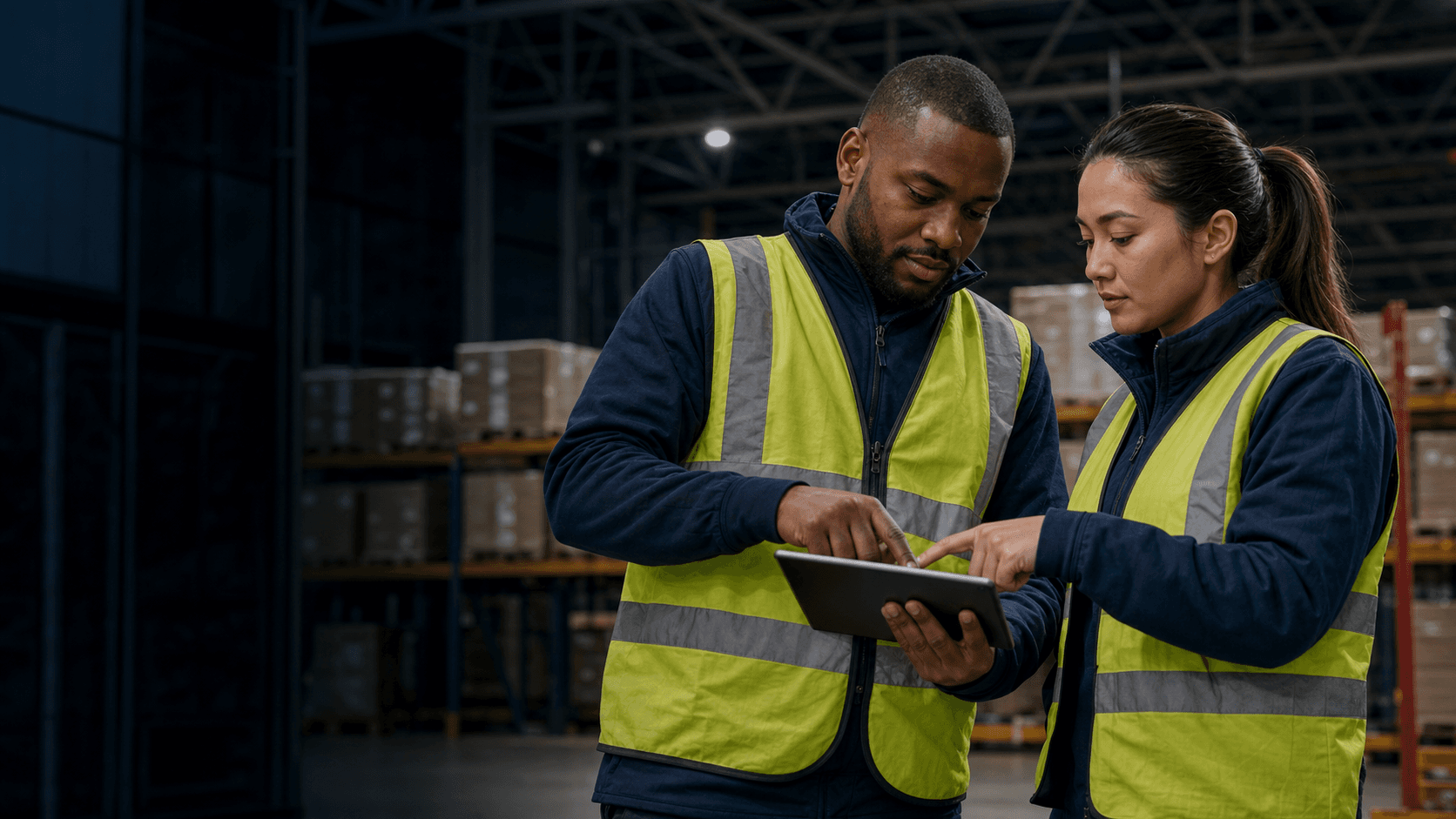 Temporary logistics workers collaborating in a warehouse