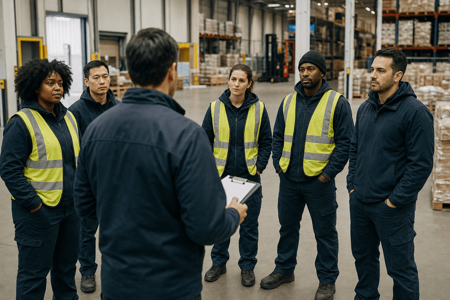 A logistics team receiving a shift briefing